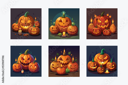 Various halloween pumpkin arrangements with candle light