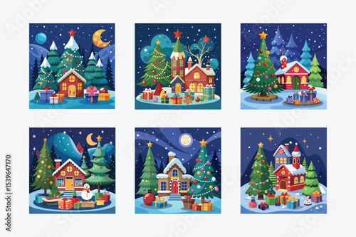 Six christmas themed illustrations with houses and trees