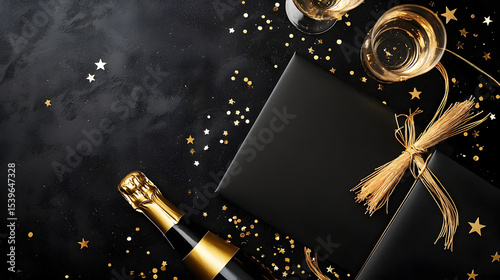 Luxury vertical graduation setting with diploma, golden tassel, and champagne glasses with starry confetti