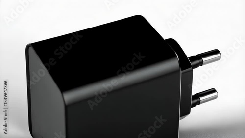 Modern sleek black enclosure device on a white background, minimalist rectangular design and dark, glossy surface with rounded edges, close-up shot