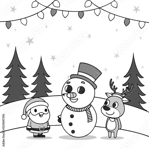 Black and white festive winter scene featuring santa claus snowman and reindeer with christmas lights