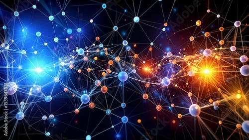 Abstract interconnected network of blue and orange spheres connected with lines symbolizing connection and communication concept