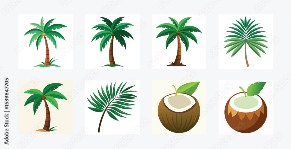 Obraz premium Illustrations of palm trees and coconuts on white background