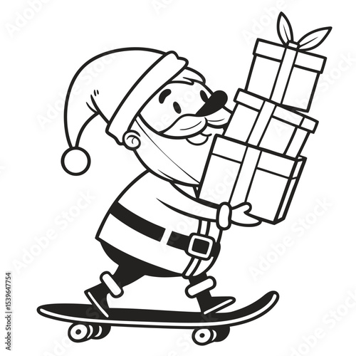 Black and white illustration of santa claus on a skateboard carrying gifts for christmas festive season