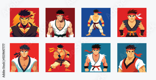 Illustrations of a fighter character in various outfits