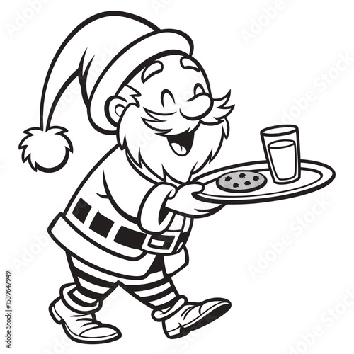Cheerful cartoon santa claus carrying a plate of cookies and milk prepared for a festive christmas eve celebration