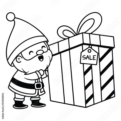 Adorable cartoon santa claus excitedly presenting a large gift box with a sale tag for the christmas season