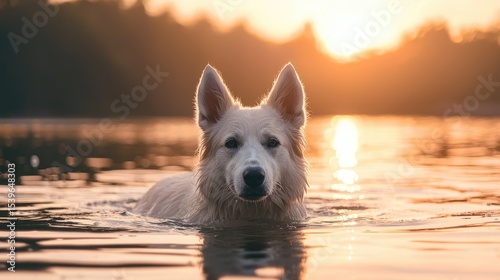 Stunning white dog swimming in placid water at sunset.