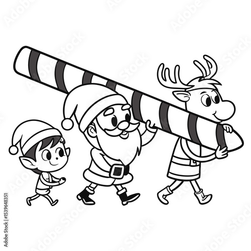 Christmas elf santa claus and reindeer working together carrying a giant candy cane in a black and white line art
