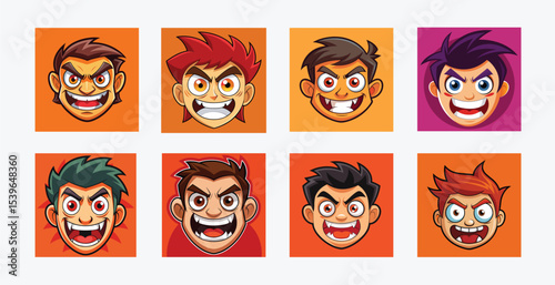 Cartoon faces with angry expressions in square backgrounds