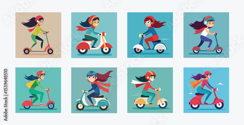 Illustrations of girls riding scooters in various styles