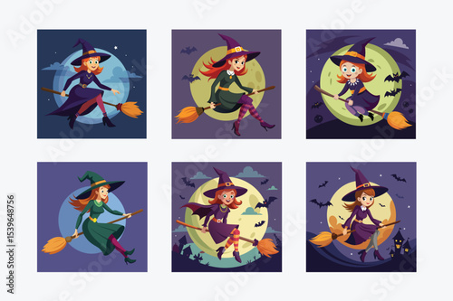 Collection of cartoon witches flying on brooms at night