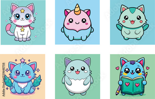 Six cartoon cats with different styles and backgrounds