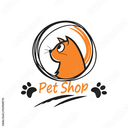 Attractive illustration of a cartoon orange cat logo inside a circle with the text pet shop below it on a white background