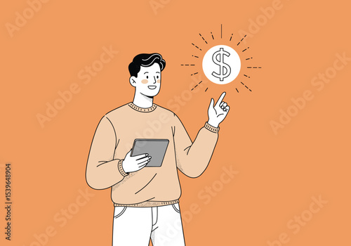 Man with Tablet Pointing to Dollar Sign, Financial Technology and Online Investment Concepts. Hand drawn style vector design illustrations.