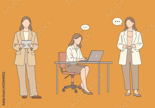 Diverse Businesswomen Engaged in Professional Tasks: Standing with Tablet, Working on Laptop, and Communicating. Hand drawn style vector design illustrations.