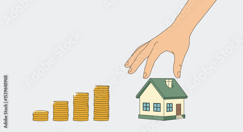 Hand Protecting House with Growing Coin Stacks, Real Estate Investment, Property Security, and Financial Growth. Hand drawn style vector design illustrations.