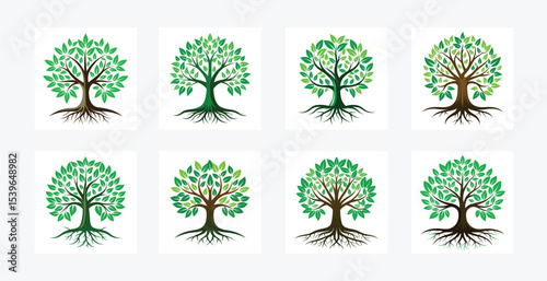 Collection of eight tree illustrations with green leaves