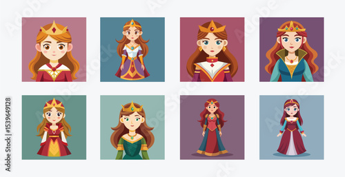 Collection of cartoon princess avatars with crowns and gowns