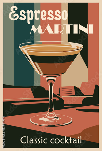 Espresso Martini Cocktail poster in retro Mid Century Modern style. Vintage vector illustration of popular alcohol drink