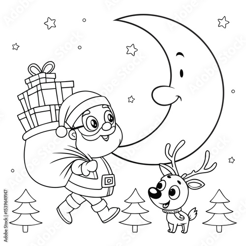 Festive black and white illustration of santa claus with reindeer under a smiling moon during christmas time