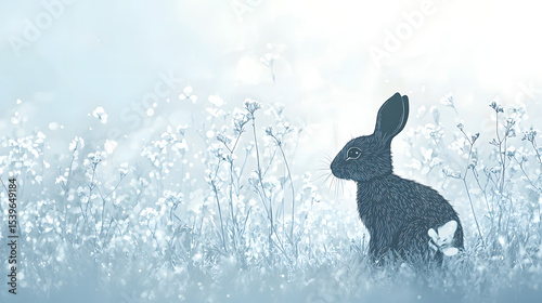 Modern artwork featuring a rabbit silhouette with Easter decorations on subtle blue