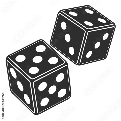Two black dice with white dots in isometric view representing chance and risk for games and gambling