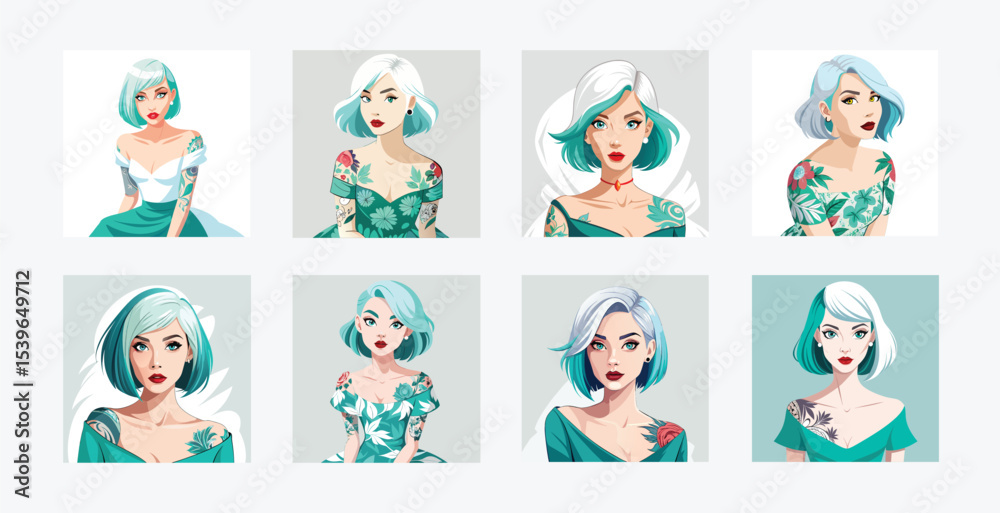 Fototapeta premium Illustrations of women with teal hair and floral tattoos