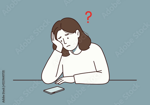 Confused and Upset Woman Looking at Smartphone, Experiencing Problem or Uncertainty with Technology.Hand drawn style vector design illustrations.