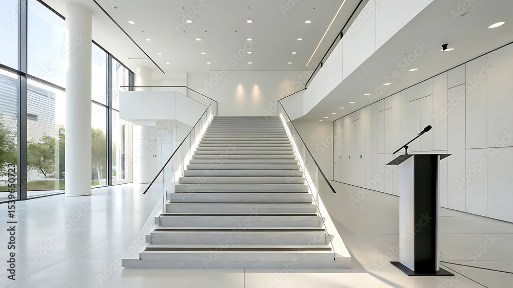 Obraz premium Modern White Interior Grand Staircase Design with Natural Light for Luxury Home or Office