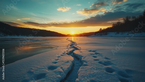 Winter sunset over frozen lake.  Footprints on snow