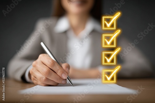 Woman ticking glowing boxes on paper with pen at desk, gray background