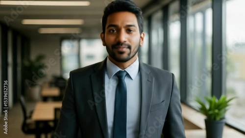 Wallpaper Mural Professional video portrait of a confident man in a suit, shot at eye level in a modern office with natural light streaming through large windows. Torontodigital.ca