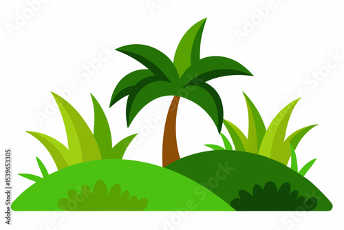 Cartoon palm tree and lush green hills illustration