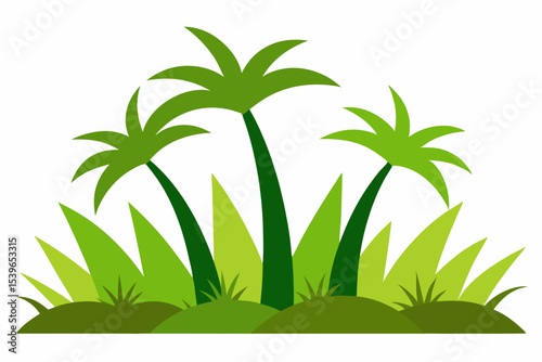 Cartoon palm trees and lush green grass