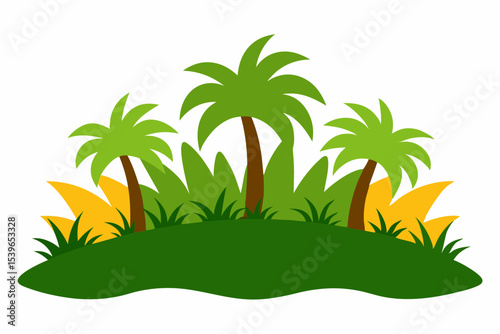 Cartoon tropical island with palm trees and lush greenery