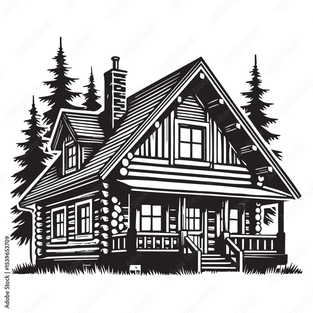 Naklejka premium Log Cabin House Silhouette Clipart with Mountain Scene Vector for Forest Camping Sublimation Design