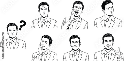 Eight Expressive Businessman Emotions: Professional Attire, Facial Expressions, and Body Language