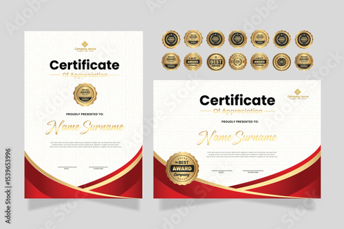 Certificate of award template, gold and red color. Clean modern certificate with gold badge. Certificate border template with luxury and modern line pattern. Diploma vector template