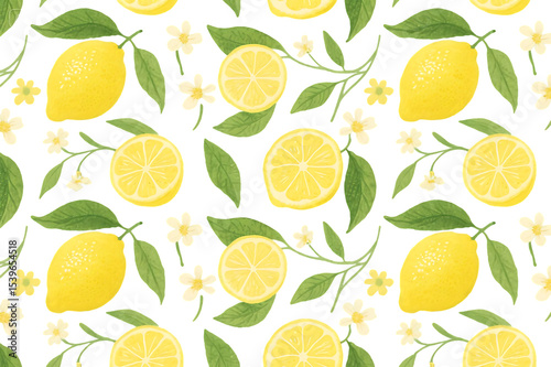 Watercolor Lemon Seamless Pattern with Leaves and Flowers – Sunny Mediterranean Style