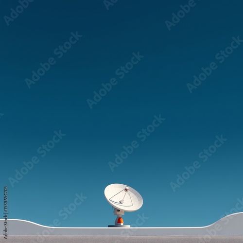 Minimalist Satellite Dish Antenna with Visible Feed Horn Against Clear Blue Sky, Isolated on White Background