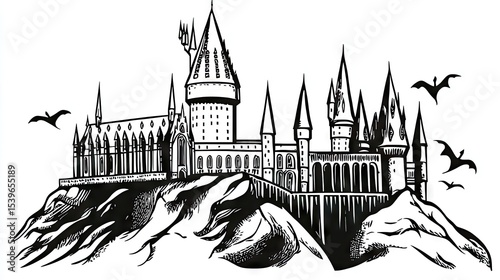Detailed illustration of a magnificent castle perched atop a rocky hill.