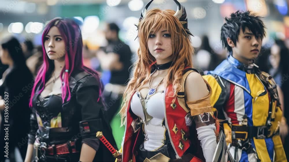 Costume parade showcasing vibrant characters in a bustling convention setting