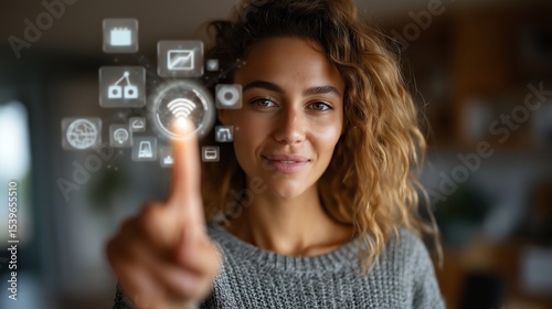 Female entrepreneur touching floating digital UI in home office, modern virtual workspace with clean interface elements