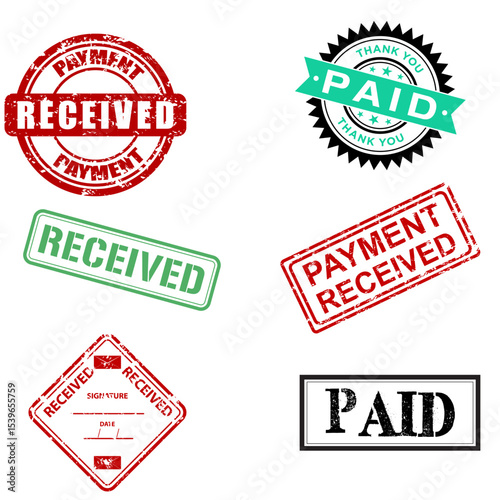 Set of payment received stamps in various styles. Includes paid, approved, completed, confirmed labels. Ideal for invoices, documents, finance, and office use.flat payment received vector illustration