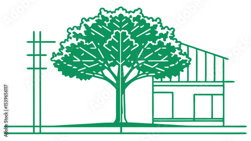 minimal CAD tree line drawing side view architect. 