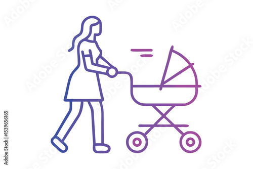 a young woman pushing a baby stroller minimalist vector illustration