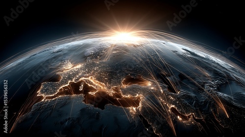 Orbiting Earth with glowing intercontinental connection lines, clean space technology composition with visible city lights