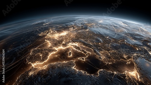 Orbiting Earth with glowing intercontinental connection lines, clean space technology composition with visible city lights
