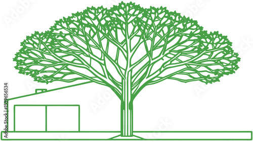 minimal CAD tree line drawing side view architect. 